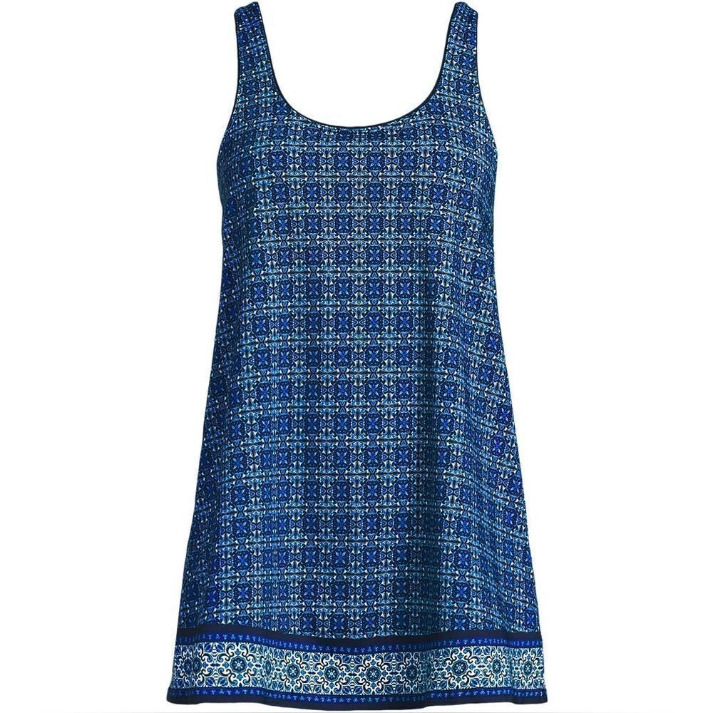 Land's End Plus Standard Scoop neck 1 piece navy cobalt mosaic Geo border Var